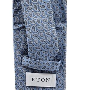 Eton Mens Tie Blue Paisley Geometric 100% Silk Made in Italy Work Party